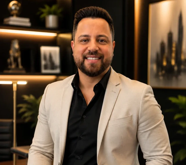 Retrato profissional de Michael Lemes em seu escritório